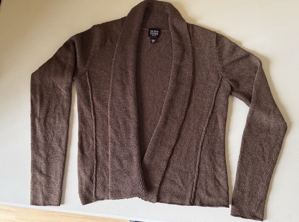 Eileen Fisher Silk Blend Brown Open Front Sweater PP Lightweight Minimalist